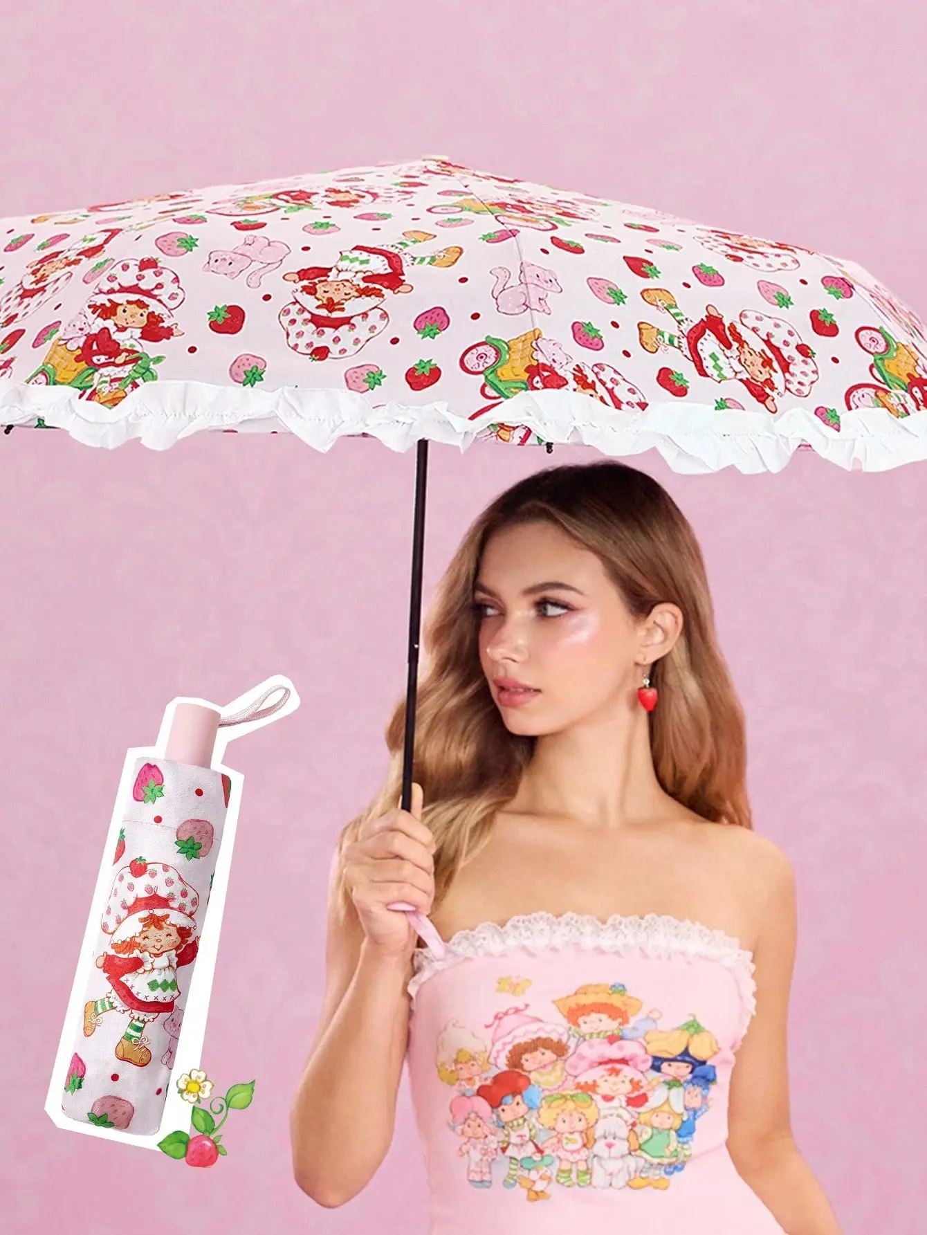 Strawberry Shortcake Women's Foldable Umbrella - Fruit Print, Character Design, All Over Print, Sunproof, Youth-Friendly, With Cover, Ideal for Work & Travel, Compact