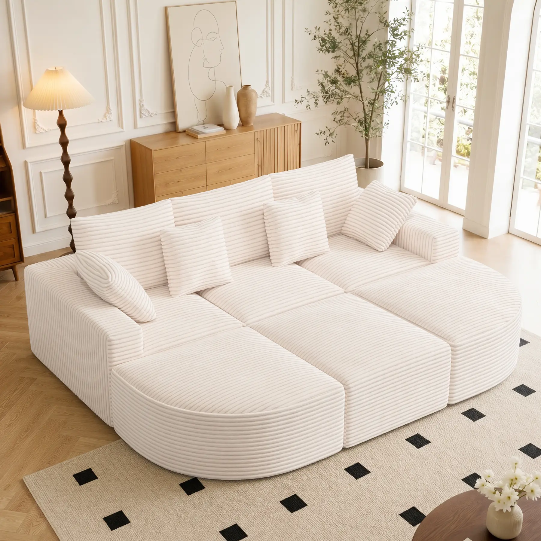 120" Oversized Round Corduroy Upholstered Couch - Boneless Modular Sectional Convertible Sofa Bed Set, No-Assembly Indoor Living Room Furniture, Beige 1 Pc