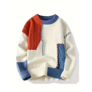 Men's Casual Colorblock Knit Sweater - Long Sleeves, Crewneck, Geometric Pattern, Suitable for Autumn and Winter Fabrics Knit Sweater Tops Knitwear Menswear Stretch
