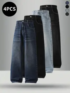 4-pack men’s jeans for autumn/winter, breathable cotton blend fabric that doesn’t feel stuffy, loose casual fit that conceals bulges and looks slimming, drapey yet structured with minimal creasing, pairs well with sweatshirts and overcoats.