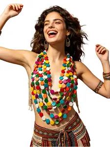 Boho Multicolor Layered Wood Bead Necklace, Summer Travel Fashion, Birthday Wedding Graduation Pride Month Party Accessory