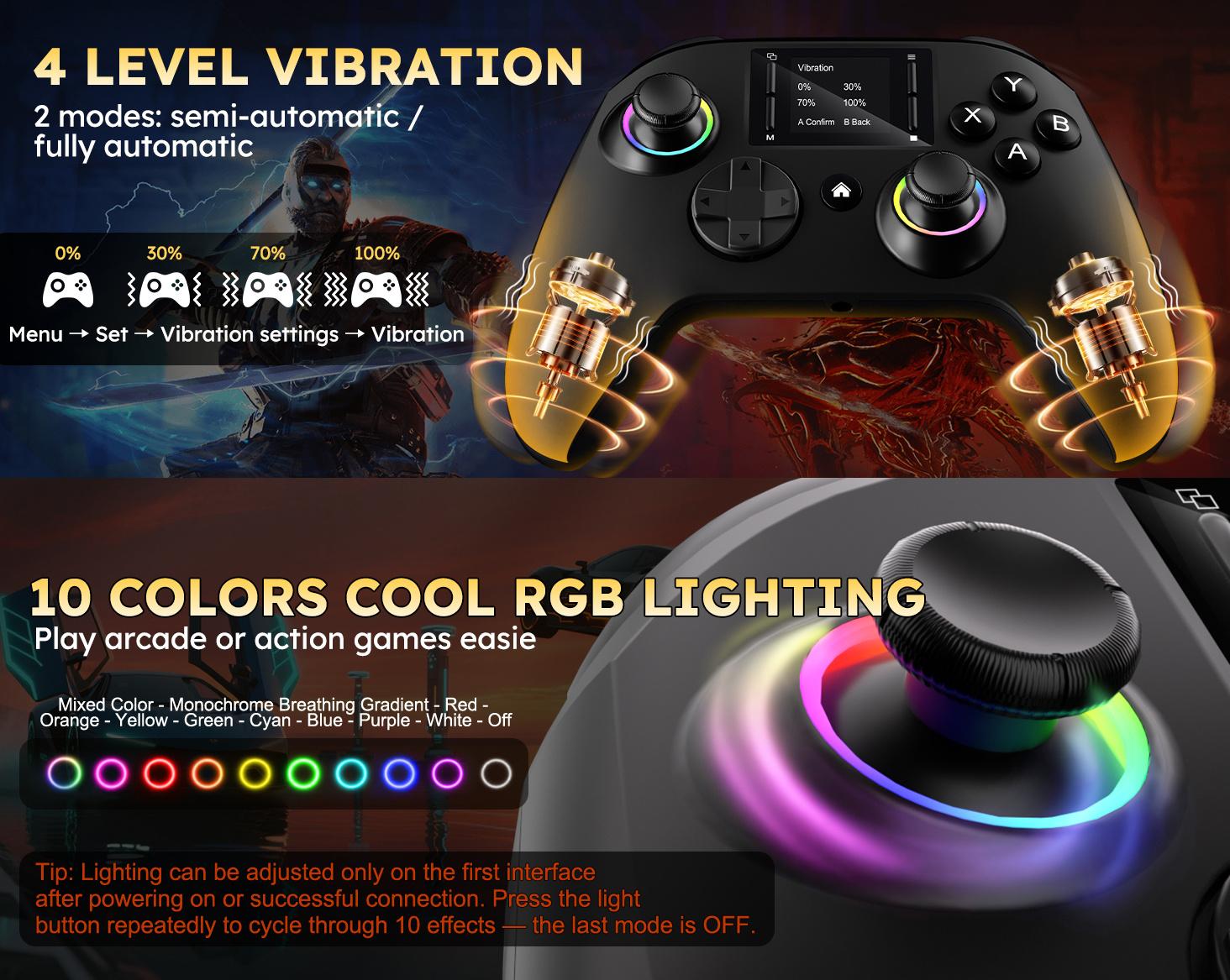Gaming Controller with Visual Display Screen, 1000mAh Battery, Hall Effect Anti-Drift Joysticks, 4 Back Buttons, Turbo Mode, RGB Lighting, Dual Vibration & Gyro, Compatible with PC/PS4/Switch/iOS/Android, No App Needed