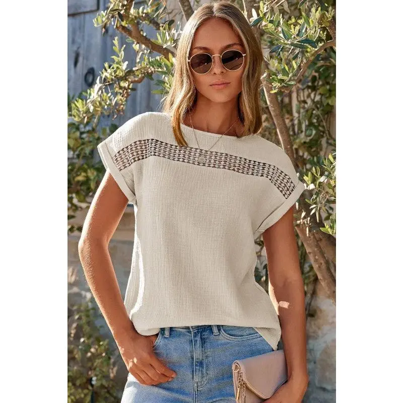 Crochet Insert Crinkle Gauze Short Sleeve Blouse