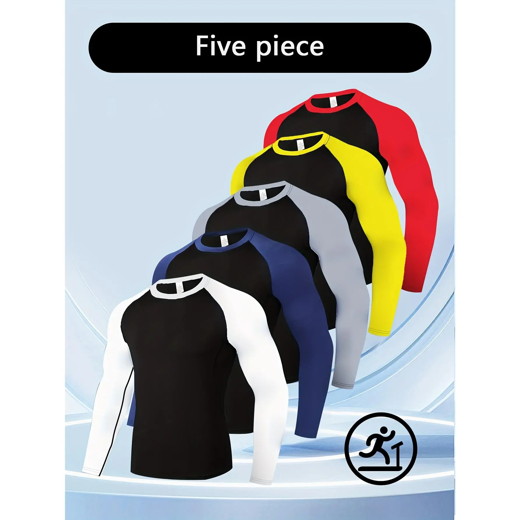 Tiemuzhen Men's 5-Piece Color-Matching Knitted Polyester Round Neck Long-Sleeve Tight Stretch-Fit Athletic Sweatshirts - High-Elasticity Crocheted Tops for Running, Jogging