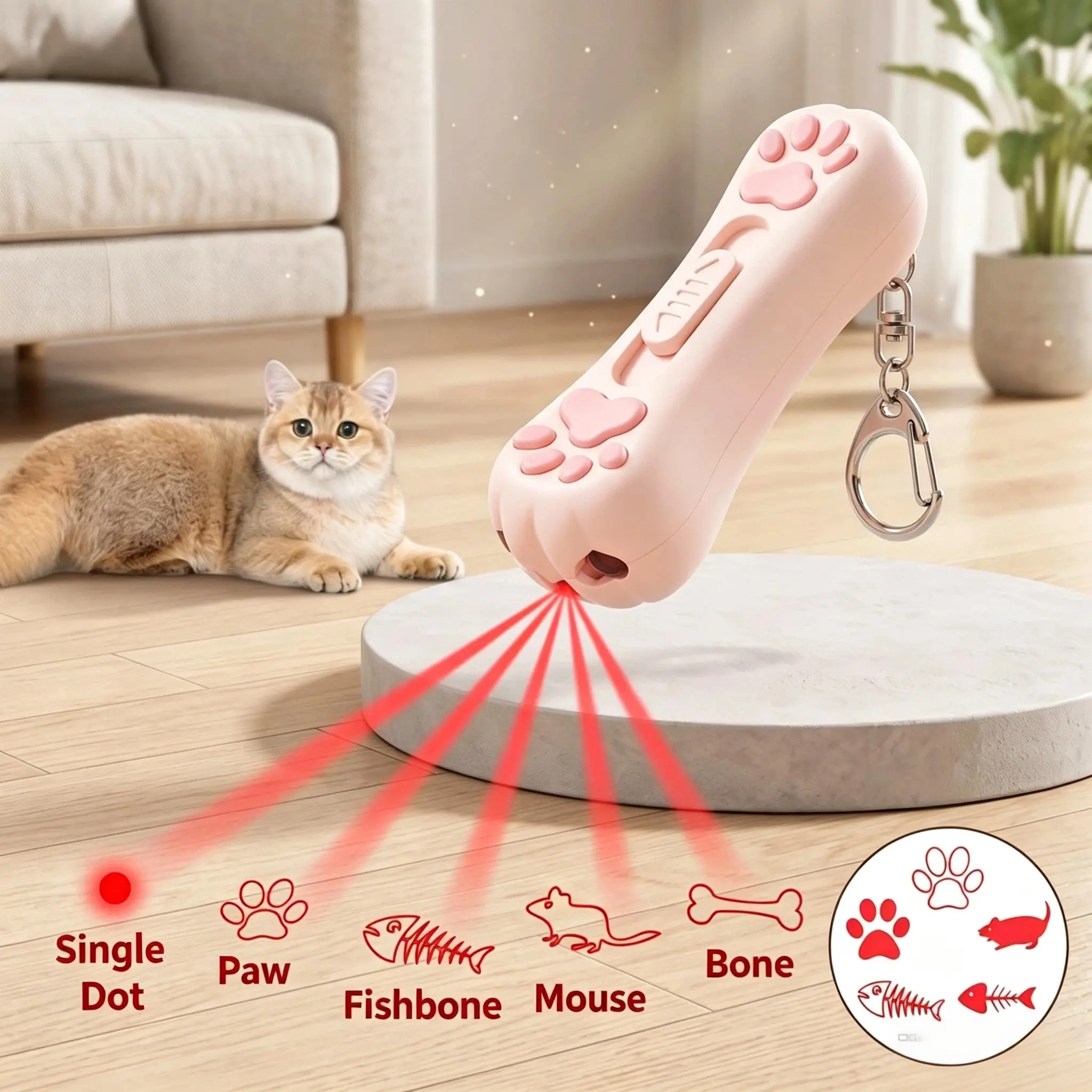 3 in 1 Animal Print Light & Laser Cat Toy, Cute Paw Shape Laser Pointer Keychain, USB Rechargeable, Red Projection Patterns, UV Light for Pet Urine & Ringworm Detection, White Flashlight, Indoor Interactive Kitten Toy, Animal Print Light & Laser Toys