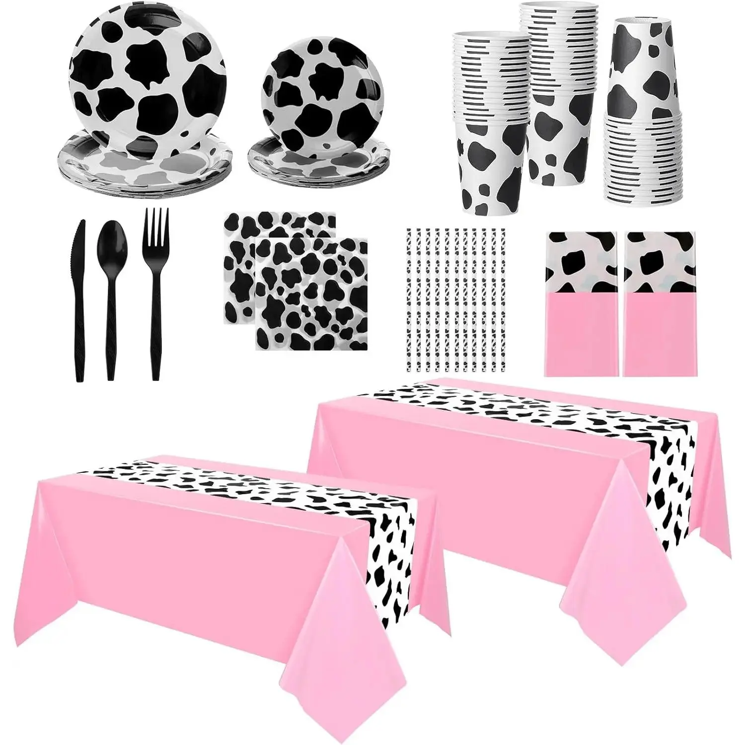 Disposable Dinnerware Set, 222 Pcs Cow-Themed Black White Plastic Set for 20 Guests with Tablecloth, Plates, Napkins, Decorations, Runner, Knives, Party
