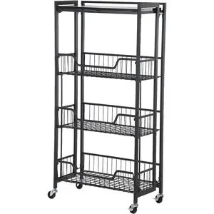 Foldable Kitchen Cart on Wheels, Iron and Wood Rolling Storage Cart with 3-Tier Shelves, Utility Kitchen Organizer for Fruit Vegetable Snack Pantry, Space-Saving Cart for Home Collapsible Carts Adjustable Dividers