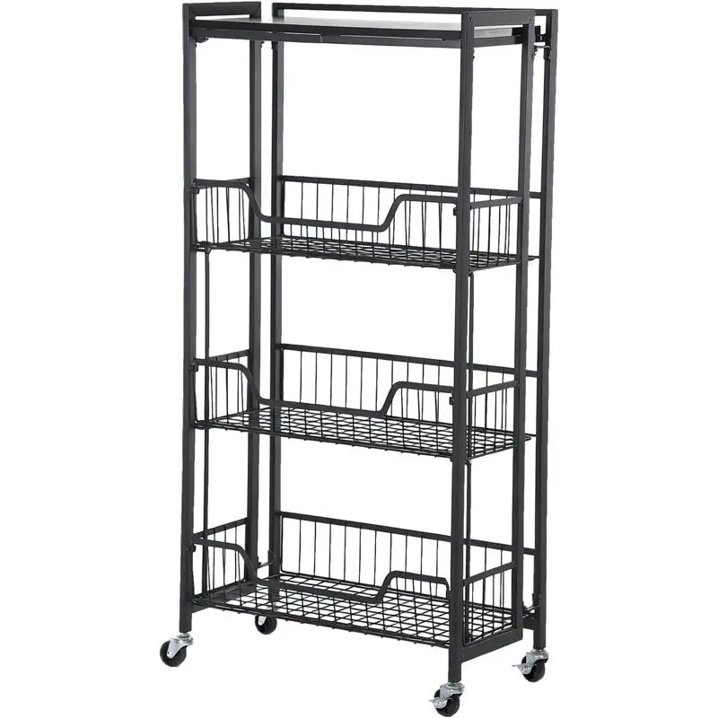 Foldable Kitchen Cart on Wheels, Iron and Wood Rolling Storage Cart with 3-Tier Shelves, Utility Kitchen Organizer for Fruit Vegetable Snack Pantry, Space-Saving Cart for Home Collapsible Carts Adjustable Dividers