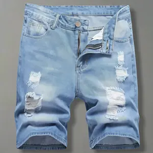 Men’s summer denim shorts — wear-resistant, American retro high-street style, washed distressed finish, light blue, ripped details; mid-rise button closure, 5-inch inseam; super cool and versatile for summer.