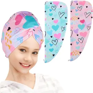 Microfiber Hair Towel Wrap for Kids Rapid Drying Turbans for Wet Hair with Button Women & Girls Long, Curly Hair Pack of 2, Pink Butterfly