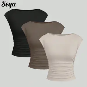 Women's Essential 3-Pack Solid Cropped T-Shirts, Stretchy Slim Fit Shortsleeve Tops with Ruched Waist, Cap Sleeves for Casual Everyday Wear, Jeans Pairing