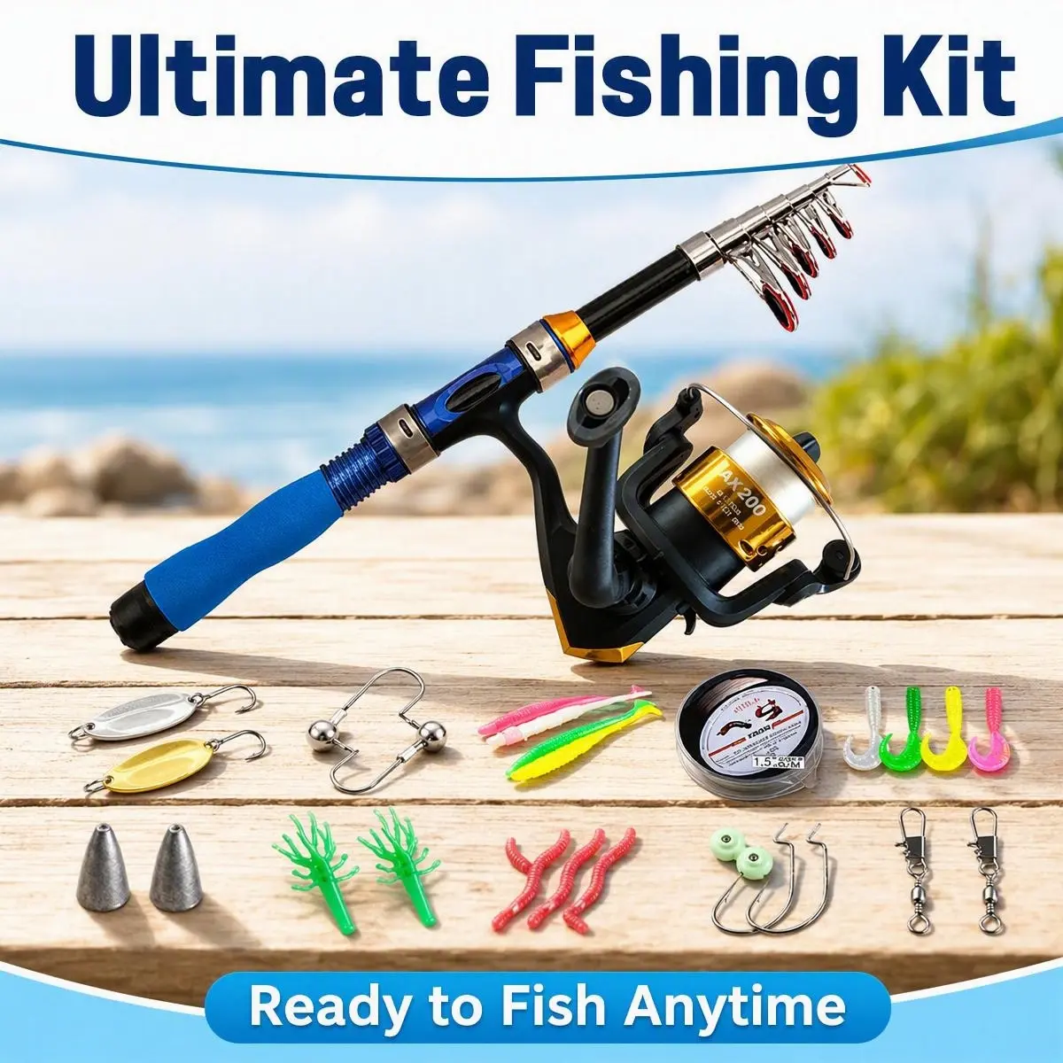 Unisex Compact Ultimate Fishing Tackle Kit - Functional Outdoor Fishing Gear, Complete Ready-to-Fish Set with Rod, Reel, Lure Pack, Accessories, Ideal for Bass, Trout, Salmon, Cool Gift for Men
