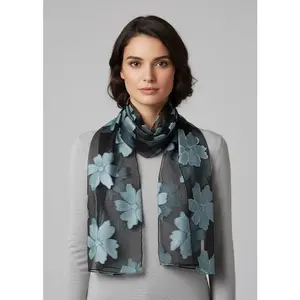 Summer Fashion Lightweight Floral Embroidered Burnout Scarf Black Sky Blue
