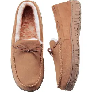 Mens Moccasin Slippers with Memory Foam Arch Support, Non Slip Rubber Sole House for Men Machine Washable Warm Fleece Lined Indoor Outdoor Home