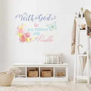 SURUIHK Colorful Bible Verse Wall Decals with God All Things are Possible Vinyl Inspirational Quotes Stickers 20.8 x 15.7 Inch Flower Butterfly Decal for Bedroom Living Room