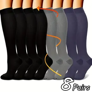 8 Pairs Unisex Compression Socks, 15-20mmHg, Top Support for Running, Cycling & Sports