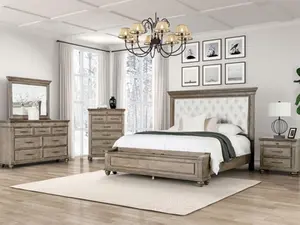 Philomath FM7430BR-4PC 4-Piece Aged Antique Oak Finish Wood Padded Fabric Headboard Queen Bedroom Set with Footboard Storage Bench for Standard Queen Beds