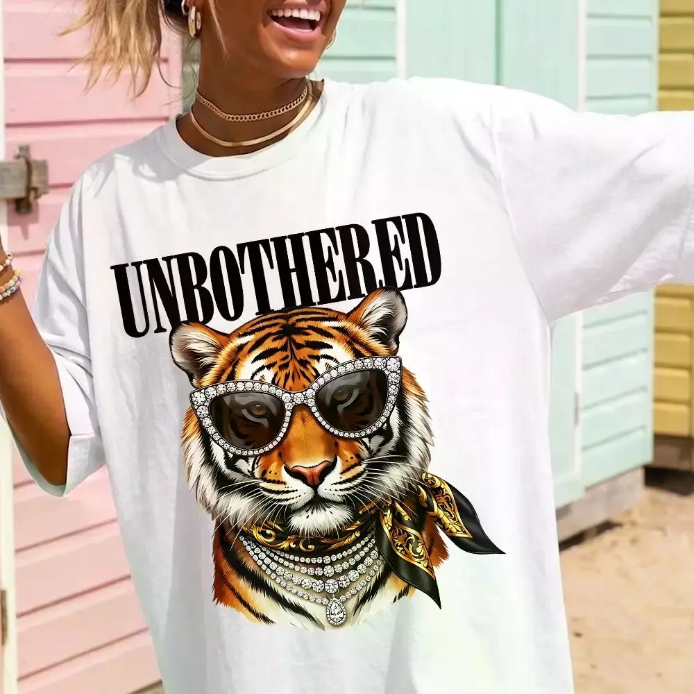 Unbothered Tiger T-Shirt, Sunglasses Tiger Back Graphic Tee, Y2K Streetwear Aesthetic Shirt, Retro Animal Gift