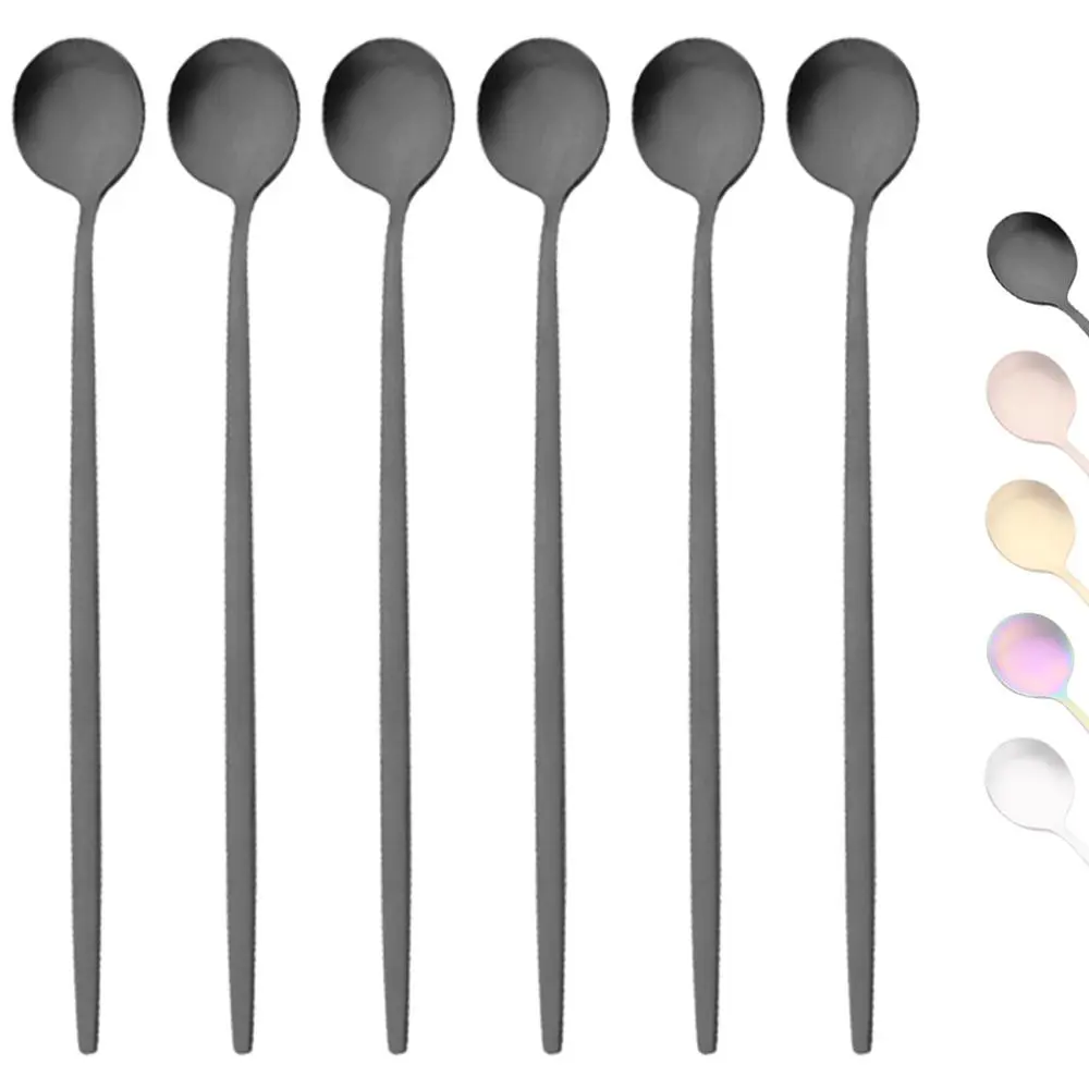 Modern Stainless Steel Long Handle Spoon (6 Counts), Coffee Stirring Spoon, Kitchen Cutlery Set for Daily and Party, Household Tableware Sets, Kitchen Accessories, Home Bar Accessories, Utensils, Kitchenware, Barware