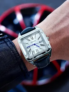 Popular men's quartz watch with square dial, black leather strap, Roman numeral scale with calendar, waterproof business men's watch, fashionable style, Square Dial Wristwatch