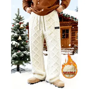 Men's plush thickened Fried Dough Twists velvet casual wide leg pants Autumn and winter warm drawstring elastic waist plush home pants Lazy style loose straight tube lamb wool outer cotton pants
