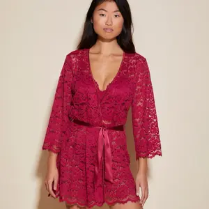 Size Large  Cosabella Magnolia Robe in Deep Ruby size Large only - Lace Kimono with V-Neck, Long Sleeves, and Tie Detail - Normally $225.50 Now $100