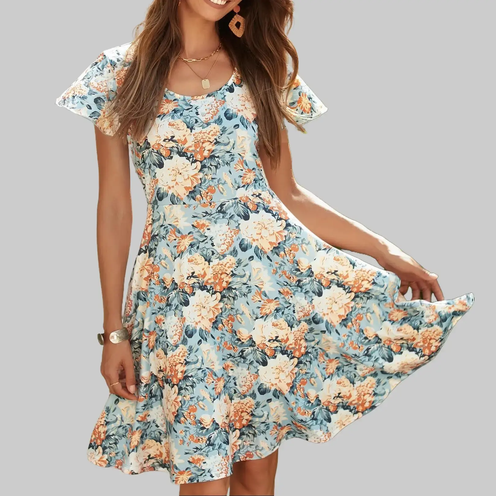 Women's Casual Floral Summer Dress with Ruffle Sleeves Crewneck Flowy Swing Mini Dress with Pockets Bohemian Style Shortsleeve Womenswear