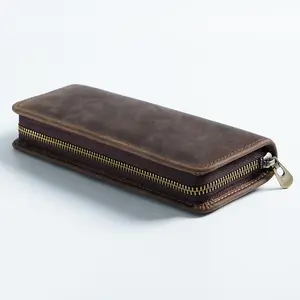 Vintage Cowhide Leather Pencil Case - Multi-Slot Zippered Organizer for Pens & Markers. Great for Men & Women, Ideal for School & Office Daily Use