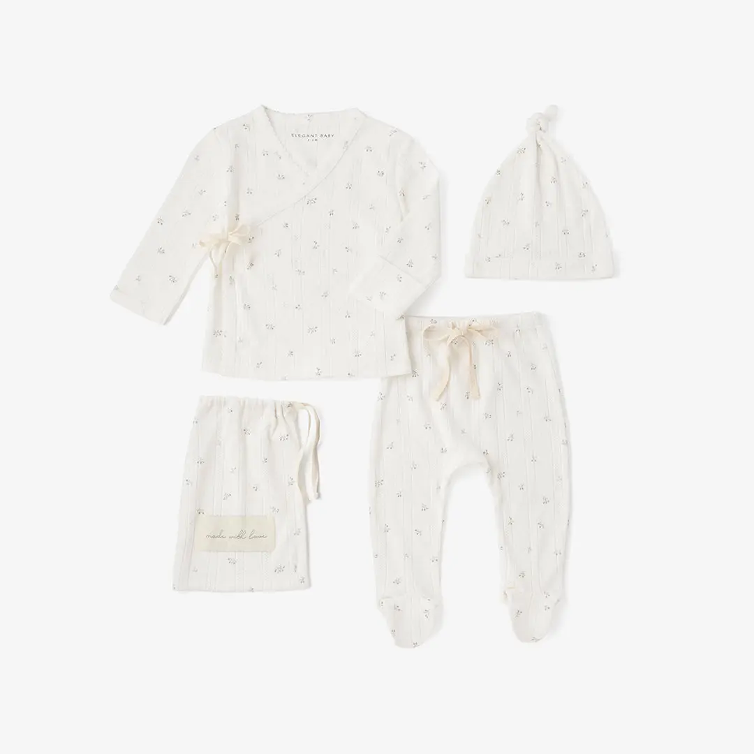 White Floral Organic Cotton Pointelle Layette 3 Pc Gift Set