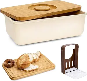 Bread Slicer Case - Wooden Kitchen Utensils with Lid, Includes Wooden Board and Plastic Container for Storage