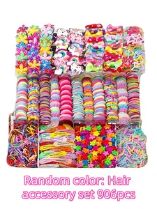 906pcs - girls' rainbow hair accessory set, with multiple styles and quantities, including various elastic hair ties, hair bands, rainbow ponytail clips, Bubble headband hair, suitable for daily clothing headwear styling and design combination