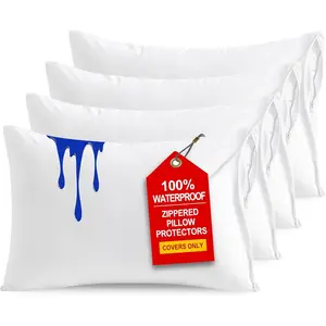 4 Pack Zippered Waterproof Standard Pillow Protectors, Super Soft Quiet Zip, 20x26 Inches Jersey Pure White Waterproof Pillow Cases Covers