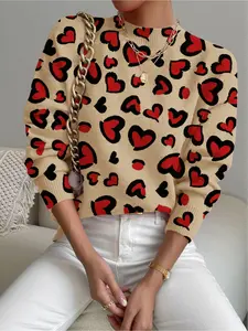 Women's Heart Print Stand Collar Sweater, Womenswear Fall Winter Casual Long Sleeve Knitwear, Comfortable Warm Daily Wear, Fitted H-Type Top
