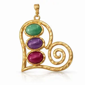 Maite Jewelry ESPIRAL TRILOGIA UMPERIAL Gold Plated Heart Pendant with Green Purple and Red Stones