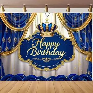 Blue Crown Happy Birthday Backdrop Polyester Fabric Party Banner Royal Gold Design No Electricity Needed for Cake Table & Portrait Photography Home Event Decor Ornaments