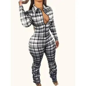 Women’s Plaid Long-Sleeve Zip-Front Jumpsuit, Comfortable Fit, One-Piece Outfit for Spring and Autumn