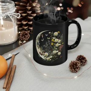 Floral Moon butterfly Mug, Boho Botanical Black Cup 15oz or 11oz Mystical wildflowers Cottagecore Aesthetic nature Lover Tea Mug Gift For Her