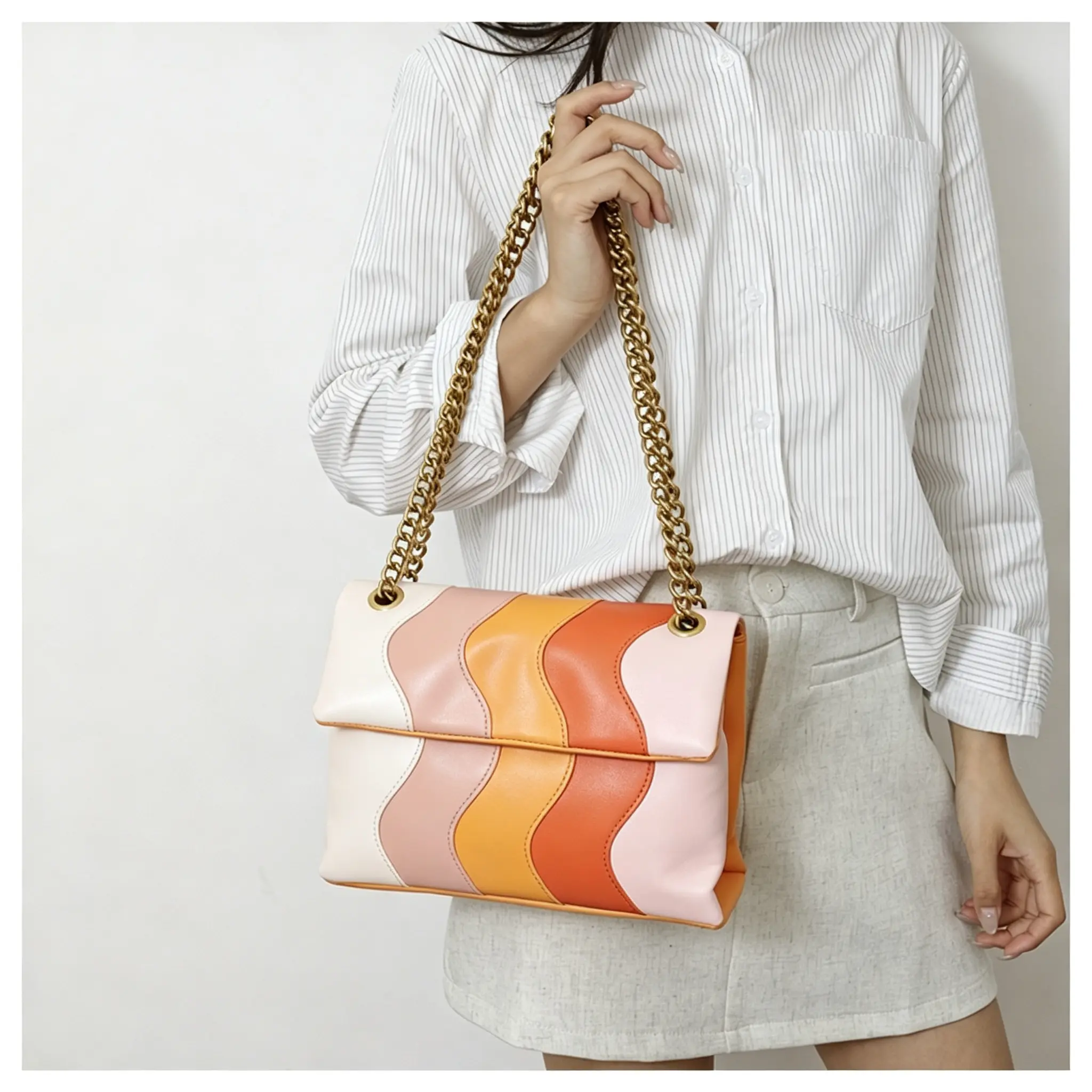Women's Retro Color Block Wave Print Patchwork Leather Crossbody Bag, Chain Shoulder Bag for Trendy Daily Use