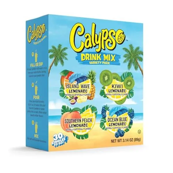 Singles To Go! Calypso Powdered Drink Mix, Lemonade Variety Pack, 30 Count | On-the-go, Low Calorie Water Enhancer, Island Wave, Kiwi, Southern Peach, Ocean Blue, Lemonade Powder, Flavored Water Packets