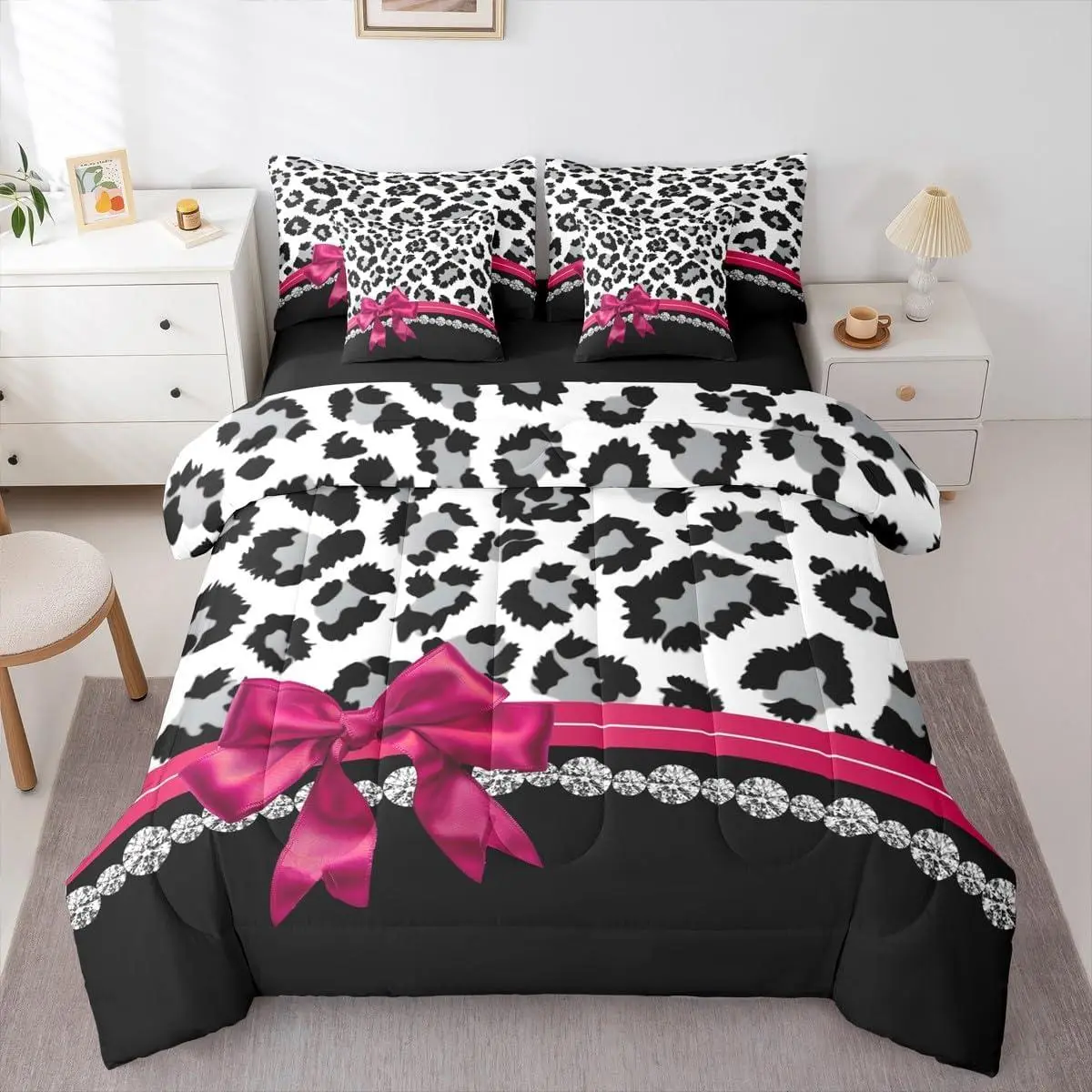 Grey Leopard 7 Piece Bedding Set Plum Red Bowknot Comforter Set with Sheets Women Diamond Bed in a Bag Animal Print Bed Set