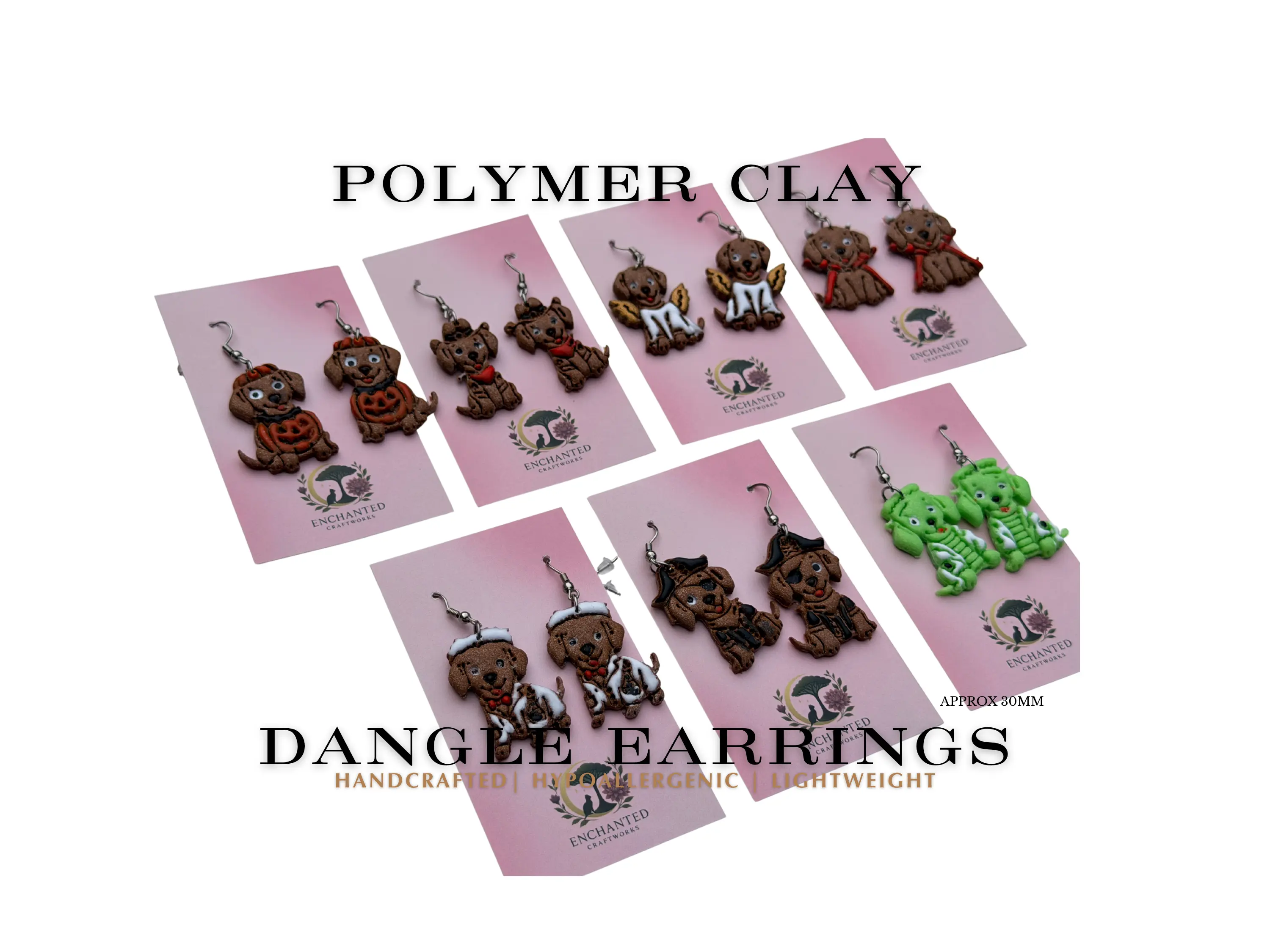 Halloween Dog Clay Earrings, Cute Costume Puppy Dangles, Pumpkin Angel Devil Frankenstein Dog Earrings, Fall Pet Jewelry