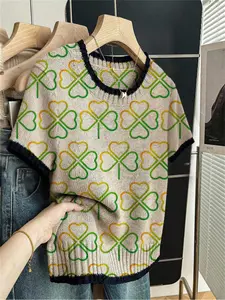 Four-Leaf Clover Print Round Neck Sweater, Casual Fitted Short Sleeve Knitwear for Spring Summer Fall, Comfortable Warm Women's Clothing