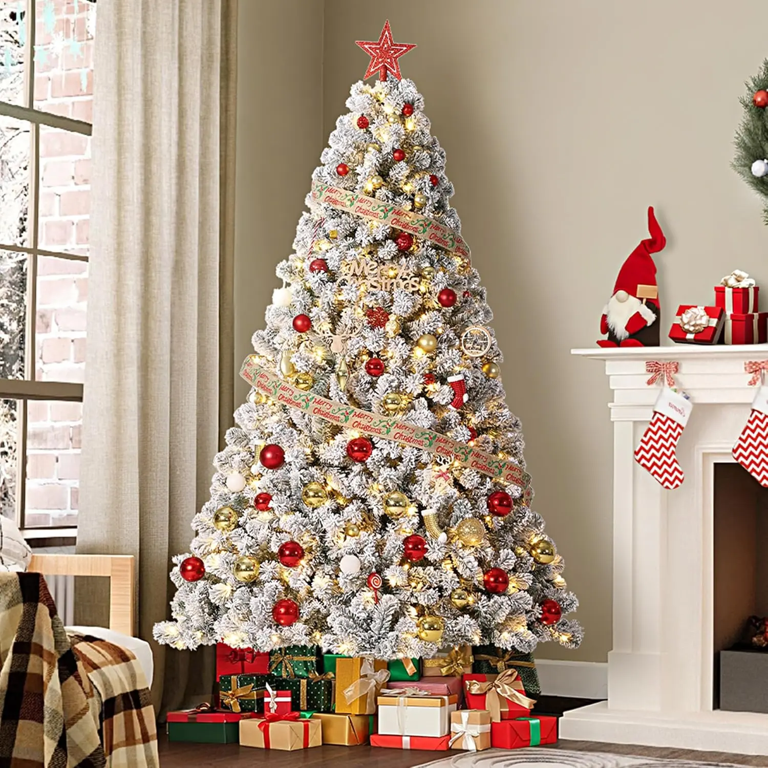 7.5FT Pre-Lit Artificial Christmas Tree, Christmas Pine Tree with 450 Warm White LEDs, 1050 Branch Tips,Pure PVC Holiday Trees with Metal Stand,Easy Assembly - Indoor Xmas Decor for Home, Office Magical Decoration Ornaments