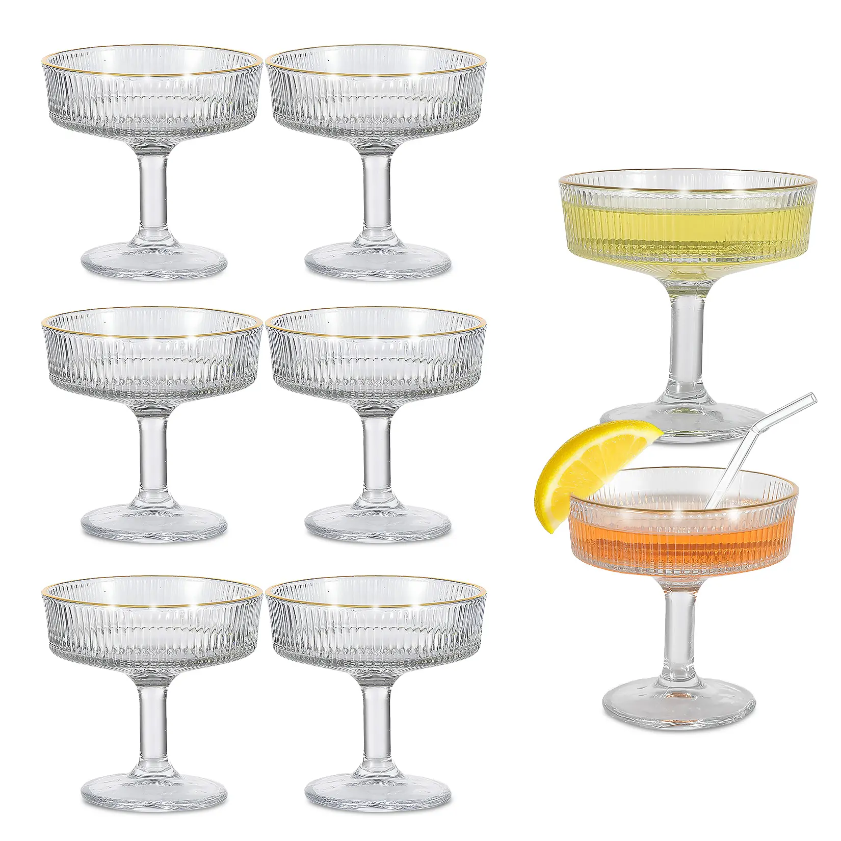 🍸✨ Host like Gatsby! This ribbed coupe glass set brings 1920s speakeasy charm to your home bar—crystal clear, weighted base, shatter-resistant packaging. Perfect for weddings & parties. Tap bio!