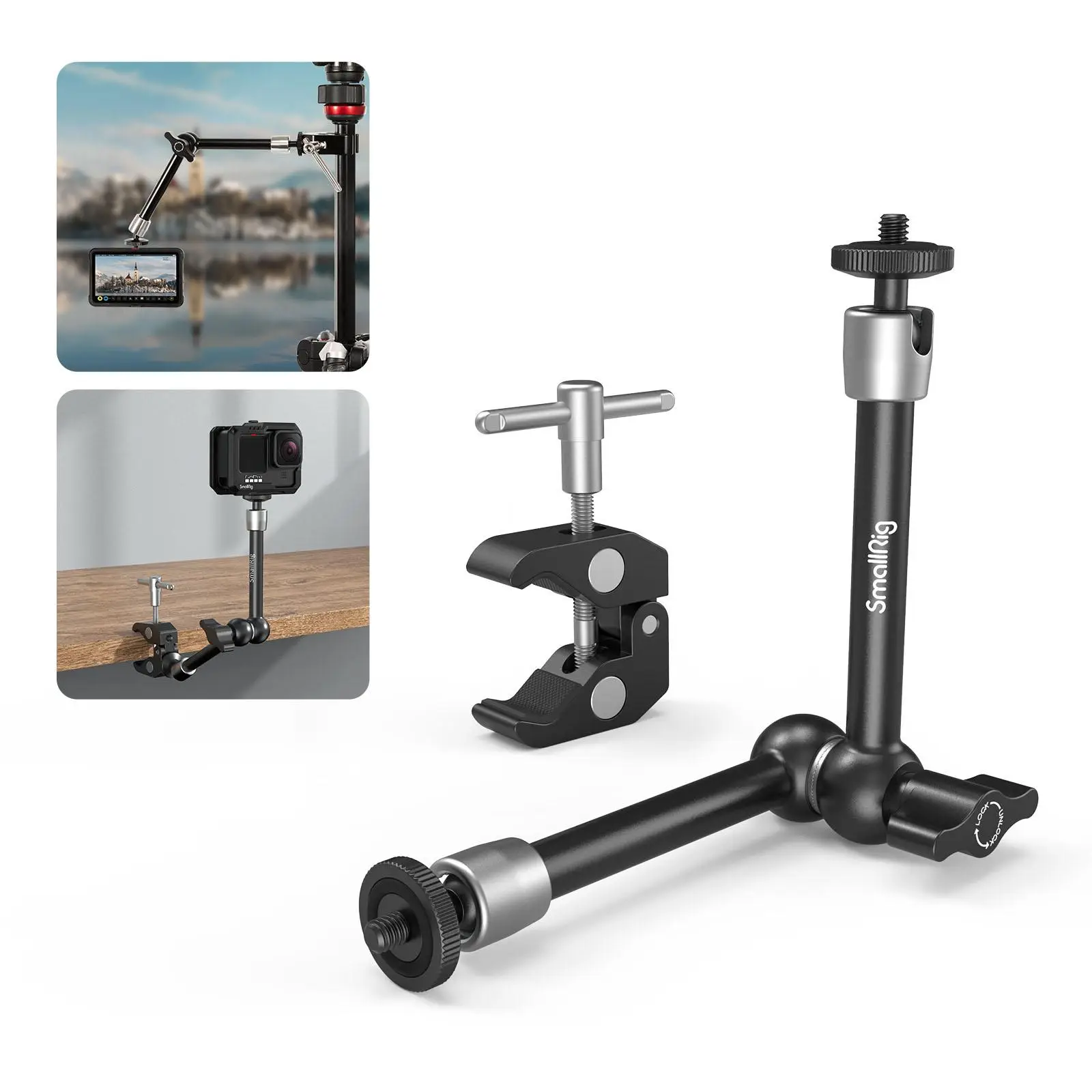 【FallDealsForYou】SmallRig Clamp with 1/4" and 3/8" Thread and 9.8 Inches Adjustable Friction Power Articulating Magic Arm Friction Arm with 1/4" Threa