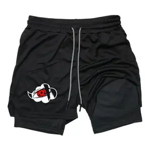 Men's Anime Akatsuki Double Layer Drawstring 2-in-1 Workout Shorts, High Stretch Unrestricted Movement Running Shorts for Anime & Fitness Enthusiasts