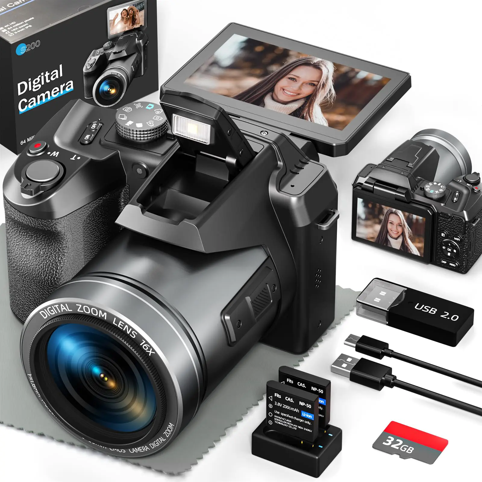Professional Digital Camera for Photography Autofocus, 4K 64MP Vlogging Camera 16X Anti-Shake Compact Travel Camera with WiFi & App Control, Flash,SD Card, 2 Batteries