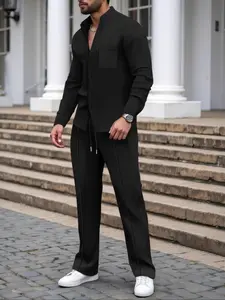 Men's Waffle Knit Stand Collar Solid Color Long Sleeve Fitted Pants Set, Classic Casual Fashion, Comfortable and Stylish, Perfect for Daily Wear
