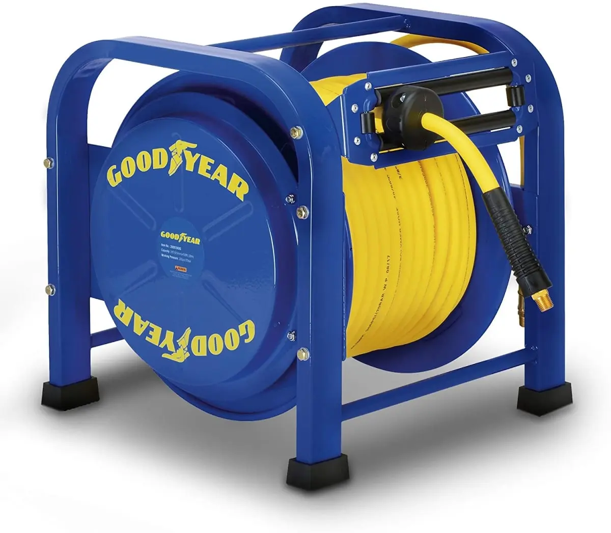Goodyear TRI-28287303G Spring Driven Hose Reel, 0.375 in x 100 ft., Powder Coating Steel Frame, 20 lbs, 300psi/20bar, Adjustable Hose Stopper, Quad Pod, Drag Brake, Home Improvement Garden Watering Tool, Ergonomic Pvc Grip