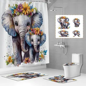 Elephant & Flower Pattern Bathroom Decorations, 1/3/4 Counts/set Including Shower Curtain & Toilet U-shape Mat & Rectangular Mat & Toilet Lid Cover, Bathroom Accessories for Home Dormitory Hotel Decor